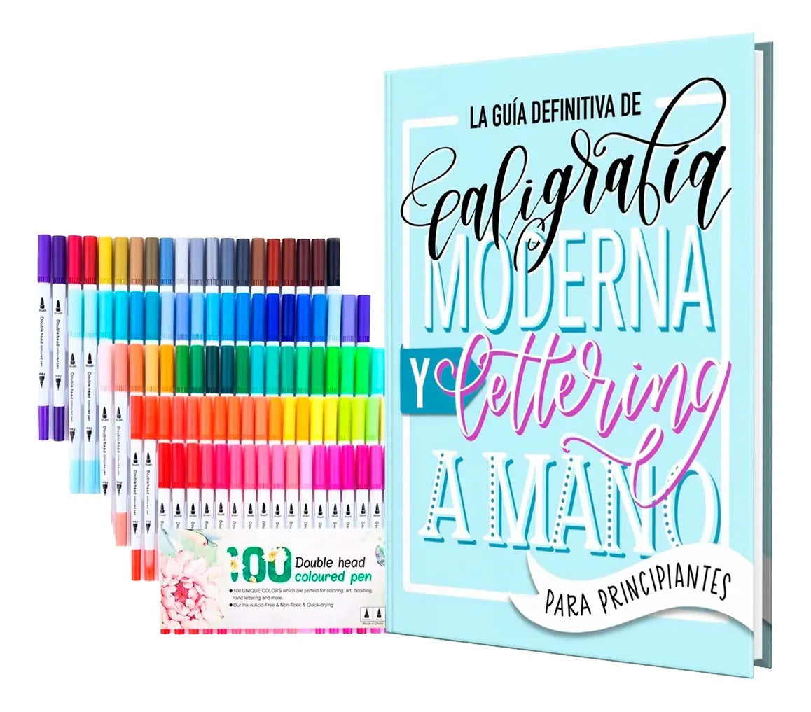 Portada de 100 Plumones Doble Punta Pincel Lettering Caligrafia + Libro