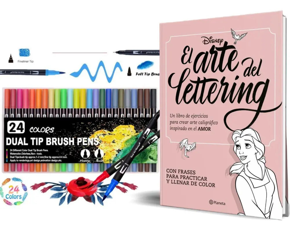 Portada de 24 Plumones Doble Punta Pincel Lettering Caligrafia + Libro