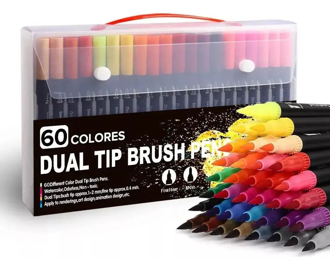 Portada de 60 Plumones Doble Punta Pincel Para Lettering Y Caligrafia