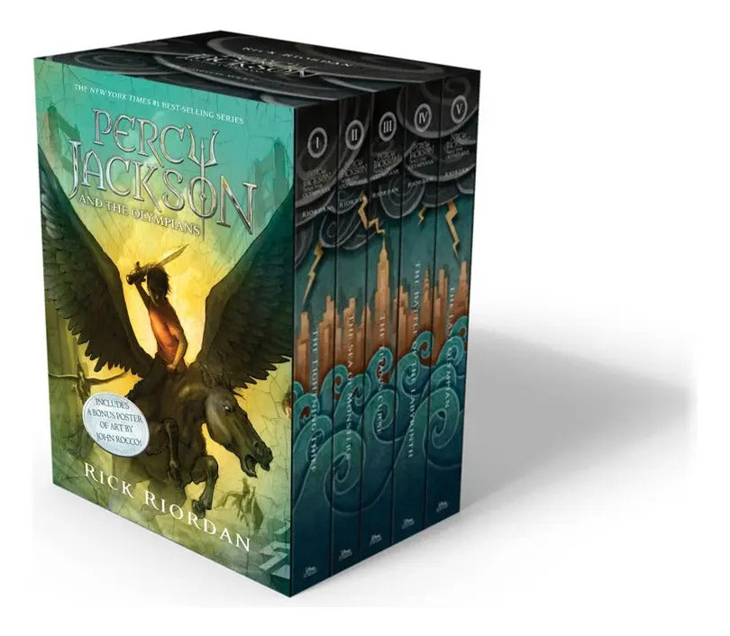 Portada de Percy Jackson And The Olympians 5 Book Paperback Boxed Set (w/poster), De Riordan, Rick. Editorial Disney-hyperio…