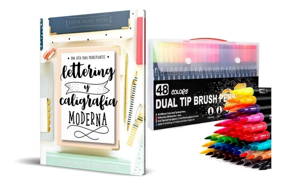 Portada de 48 Plumones Doble Punta Pincel Lettering Caligrafia + Libro